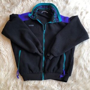 Vtg COLUMBIA Black Purple Full Zip Fleece Jacket Men M Classic Hiking Climb USA.